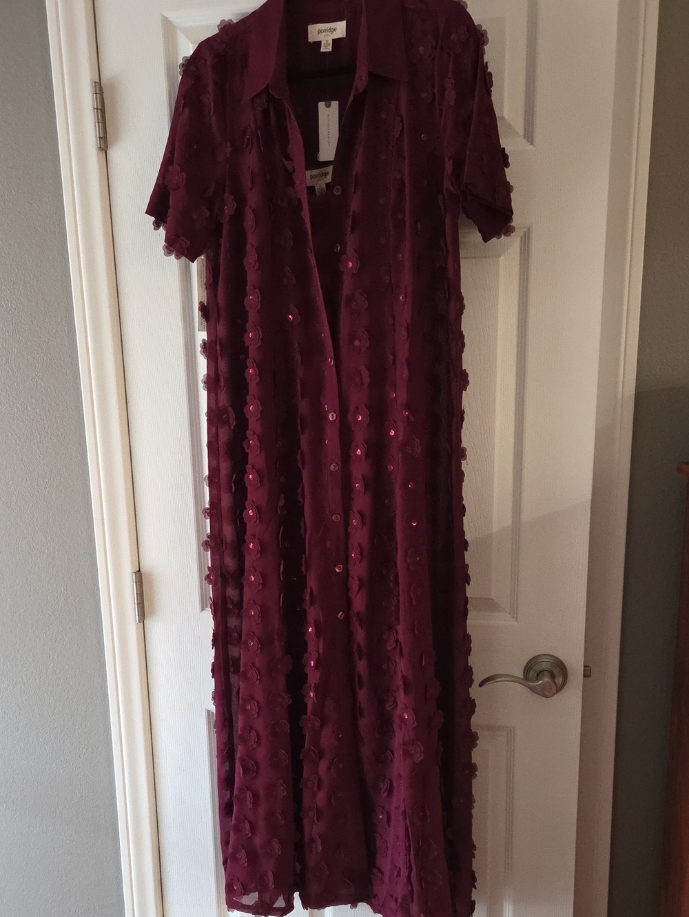 Anthropologie Burgundy Maxi Dress with 3D Floral Appliqué